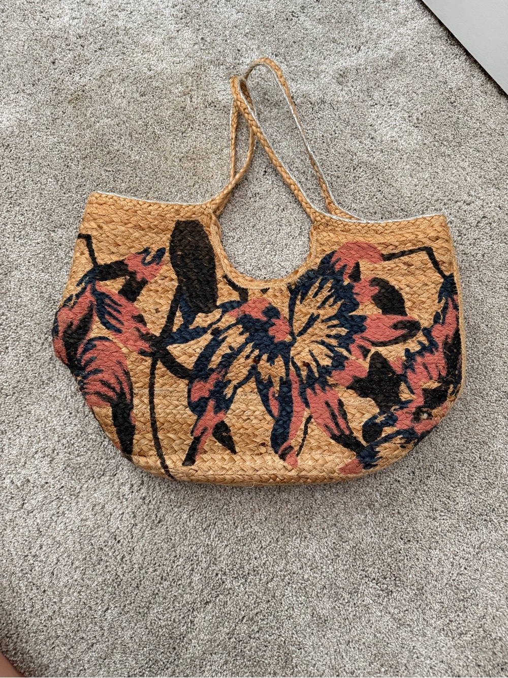Antik Kraft Straw Tote with Black and Pink Floral Design